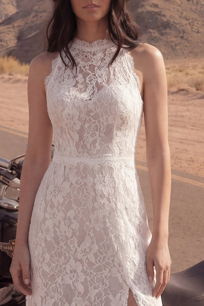 Sheath Floral Ivory Lace Maxi Boho Wedding Dress with Slit