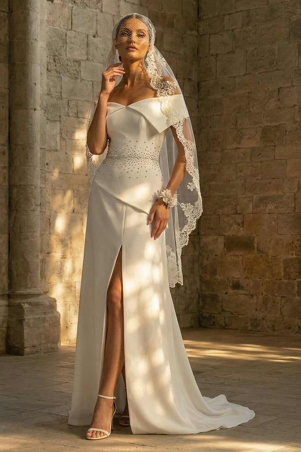 Sheath Beaded White Maxi Boho Wedding Dress with Slit