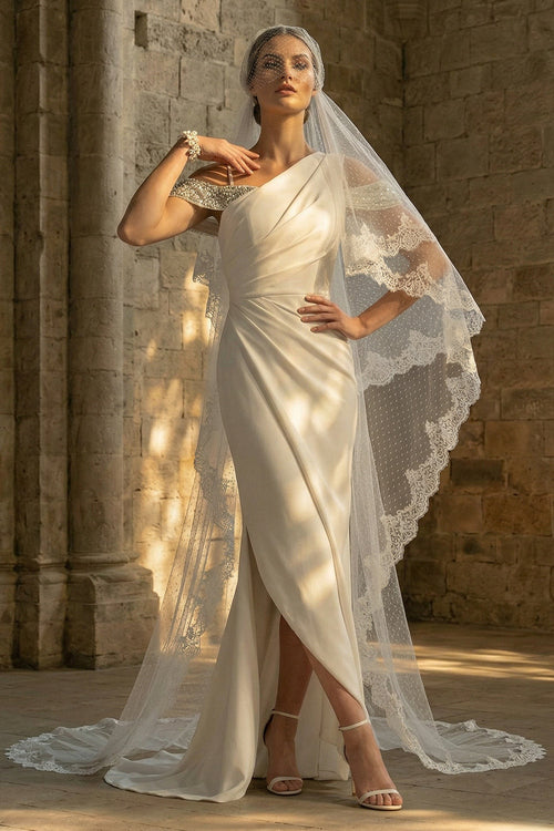 Mermaid Maxi Ruched White Boho Wedding Dress