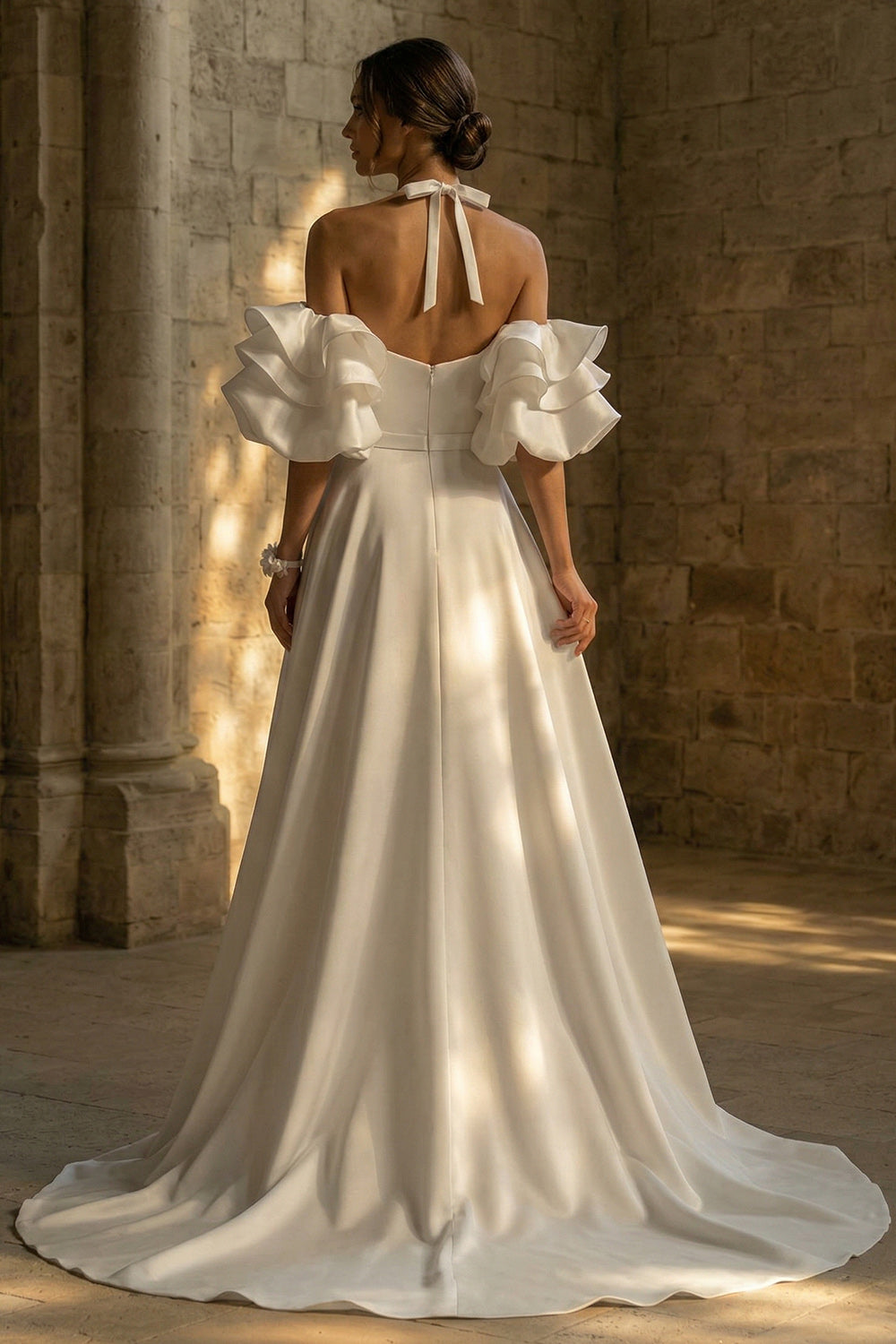 White Ruffled Sweep Train Halter Backless Boho Wedding Dress