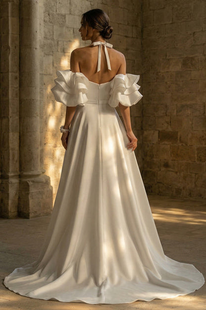 White Ruffled Sweep Train Halter Backless Boho Wedding Dress