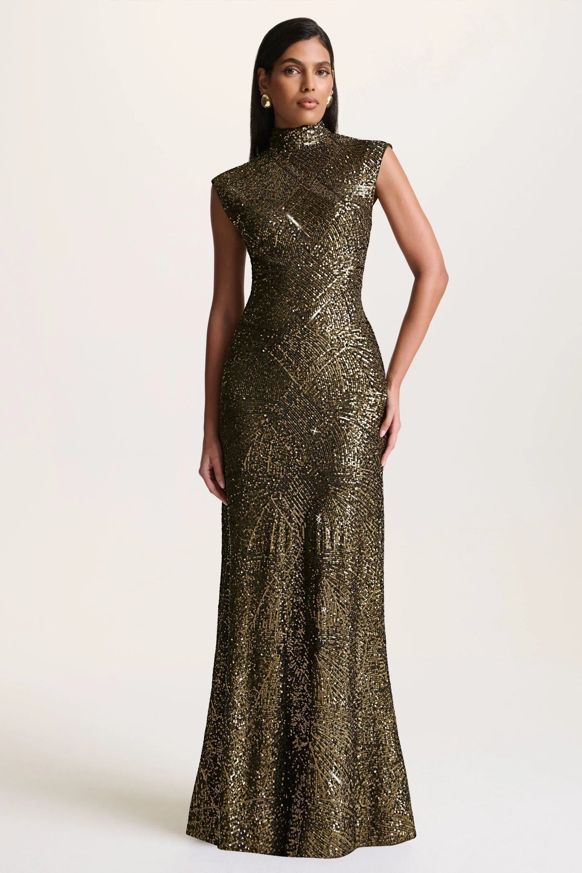 Cecy | Khaki Sequin High-Neck Maxi Dress With Cap Sleeves