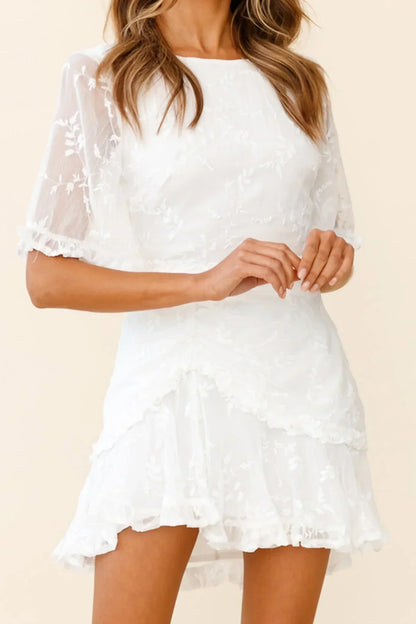 Leona Half Sleeve Frill Trim Dress Leaf Embroidered White
