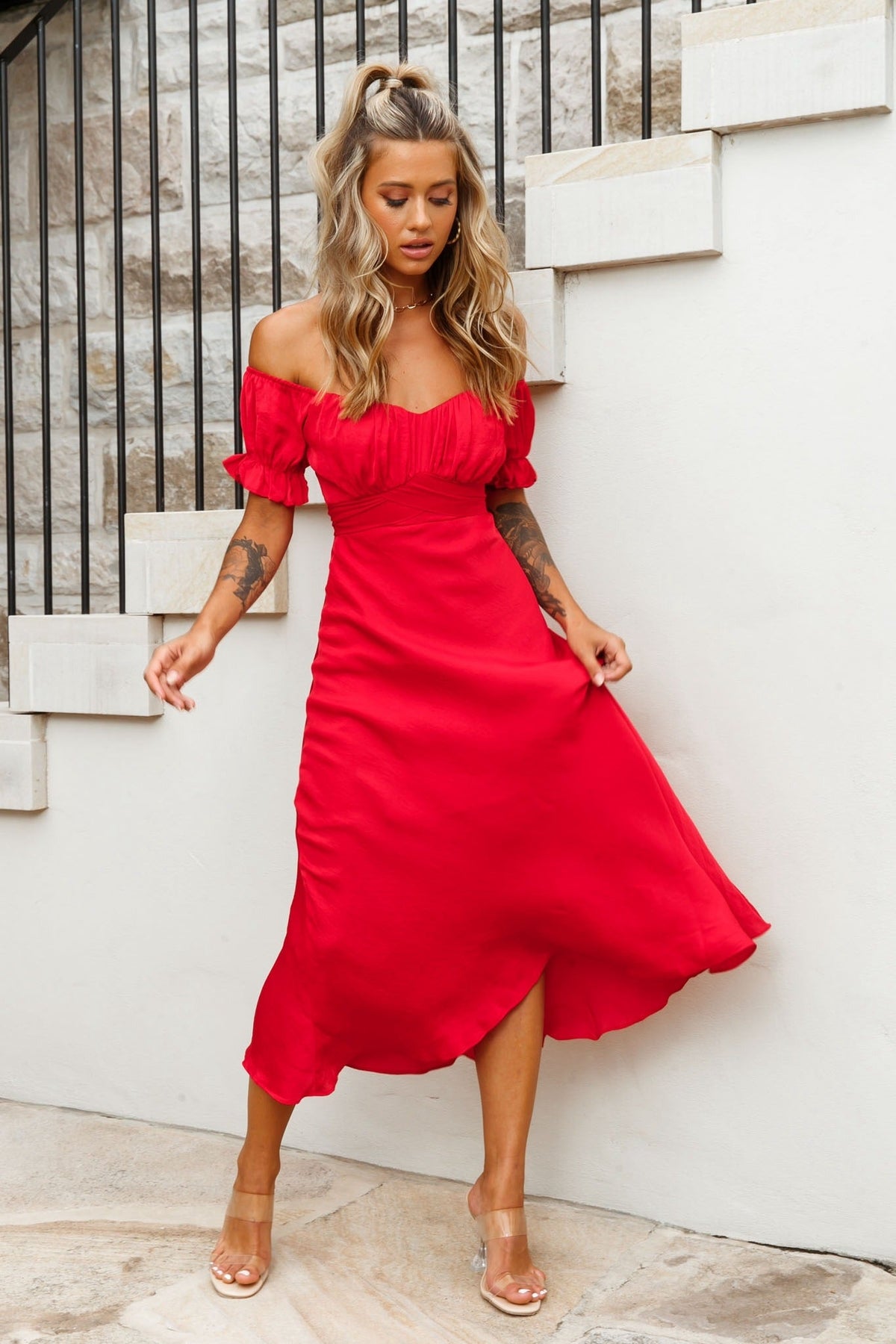 Linka Off-Shoulder Tie Back Midi Dress Red