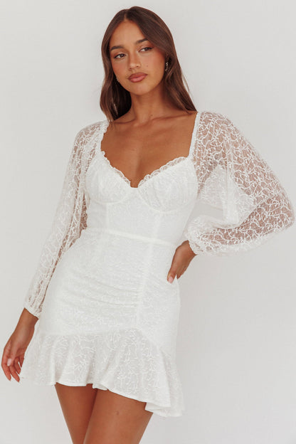 Halley Balloon Sleeve Frill Bust Flounce Hem Lace Dress White