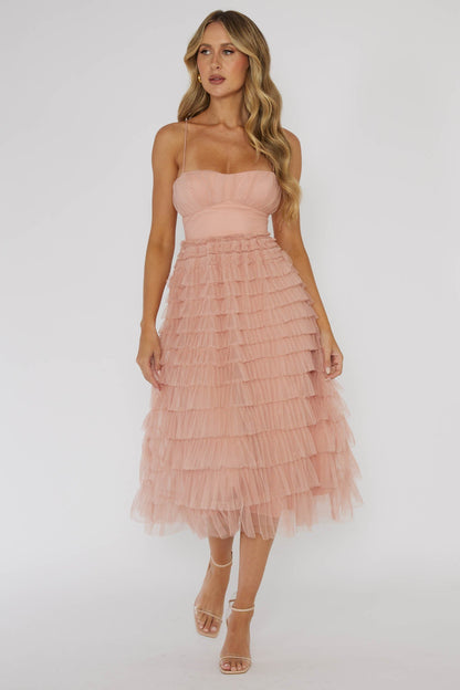 Garden Party Tiered Frill Midi Dress Blush