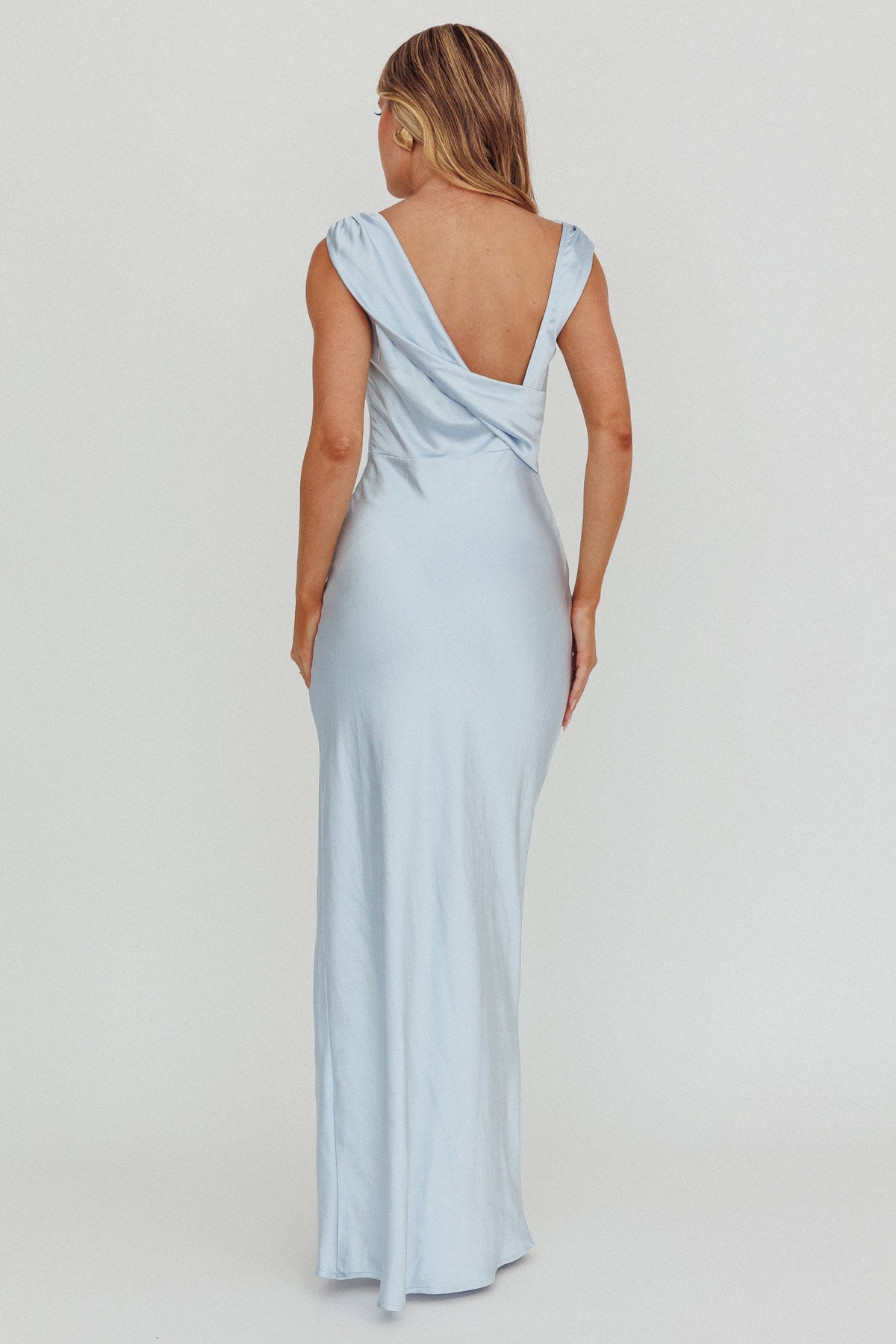 Jinora Cowl Neck Leg Slit Satin Maxi Dress Blue