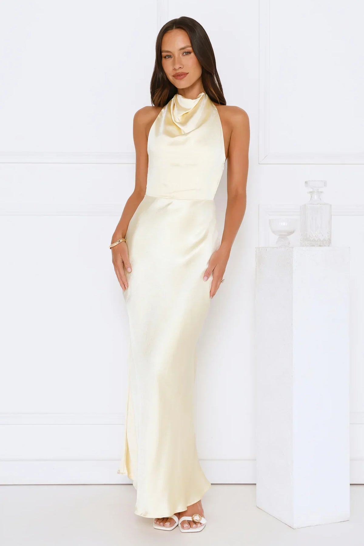 Draped In Diamonds Satin Halter Maxi Dress