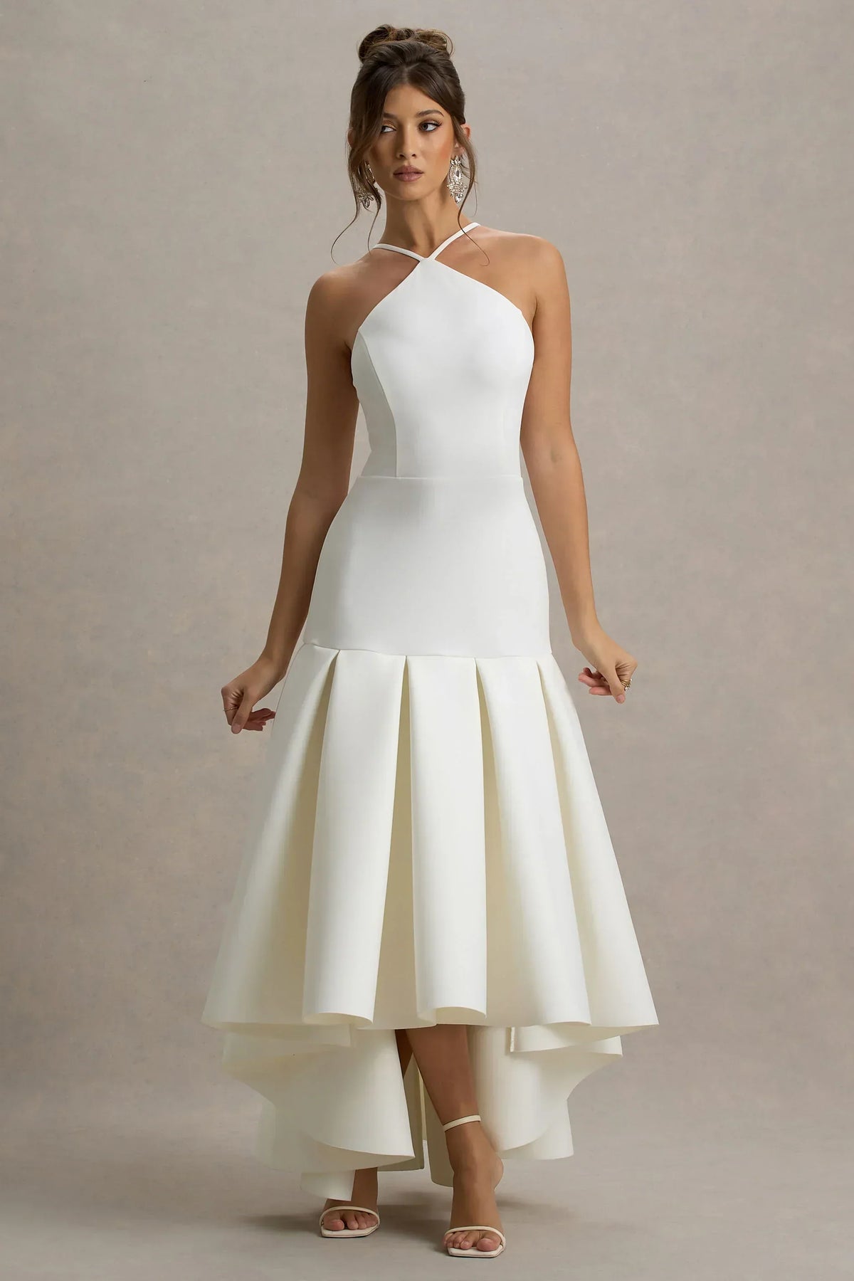 Mavis | Cream Halter-Neck Maxi Dress With High-Low Skirt