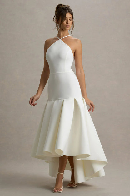 Mavis | Cream Halter-Neck Maxi Dress With High-Low Skirt