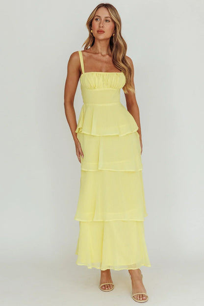 Provence Bloom Tiered Ruffle Maxi Dress Yellow
