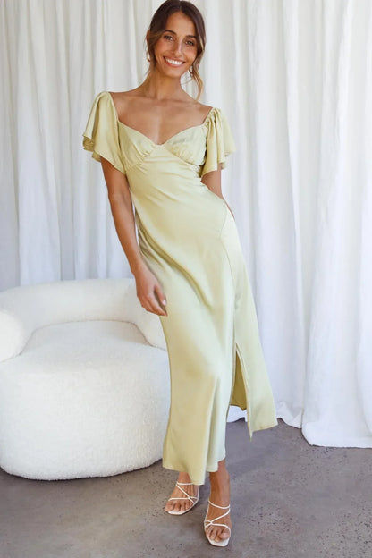 Park Avenue Flutter Sleeve Side Split Midi Dress Matcha