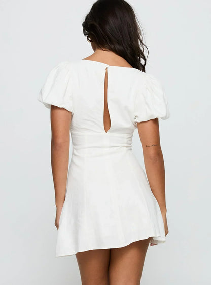 Beloved Puff Sleeve Linen Blend Mini Dress White