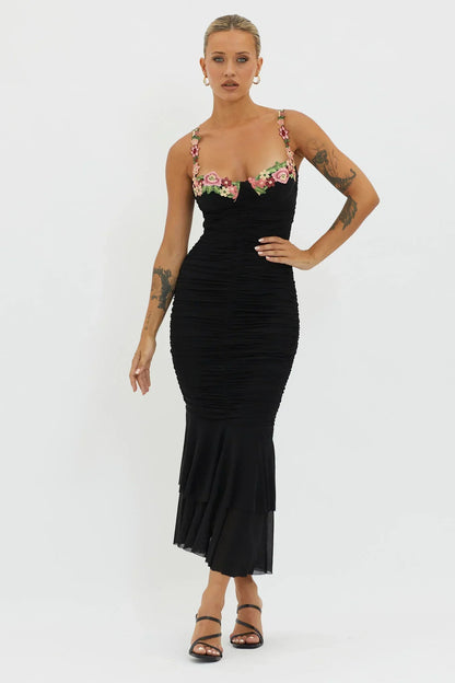 Rose Garden Ruched Mesh Midi Dress Black