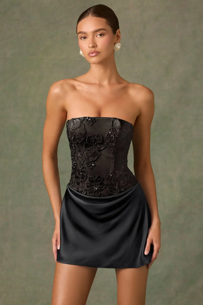 Embellished Draped Strapless A-Line Mini Dress in Black