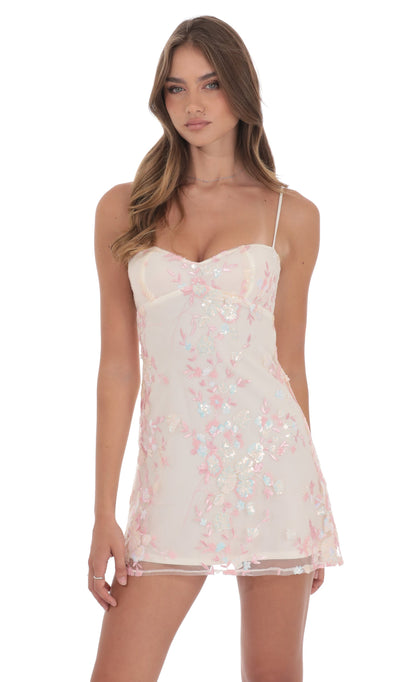 Embroidered Floral Babydoll Dress in Cream