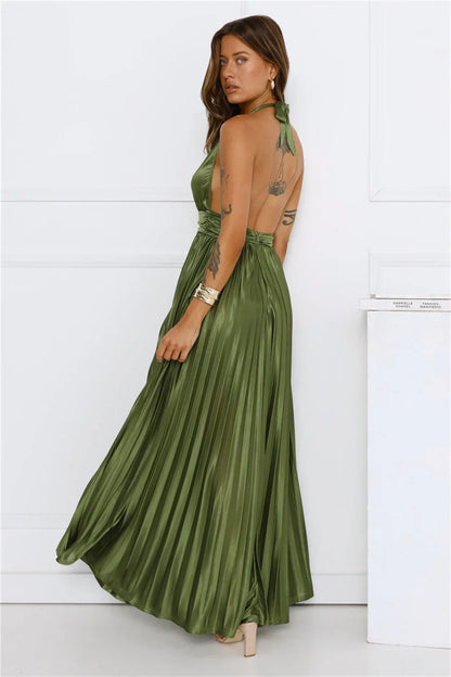 Shimmering Sea Pleated Halter Maxi Dress