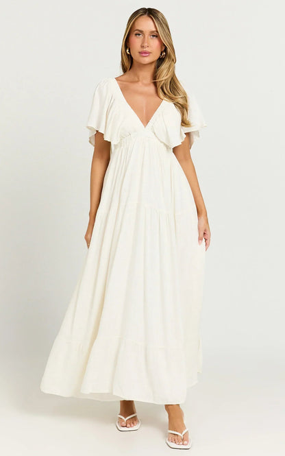 Lyrad Midi Dress - Linen Empire Waist Textured Dress in White