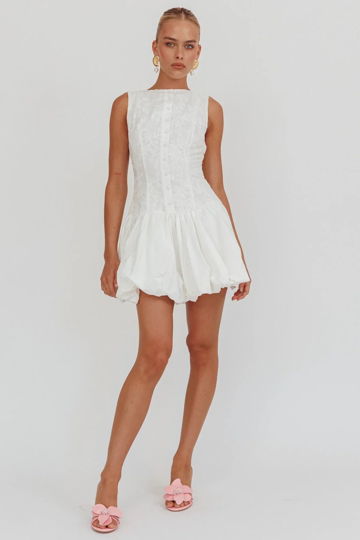 Opulent Sleeveless Bubble Hem Mini Dress Embroidered White