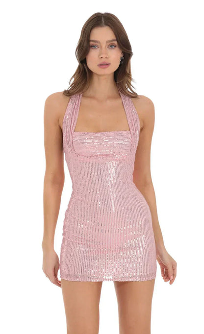 Sequin Halter Dress in Pink