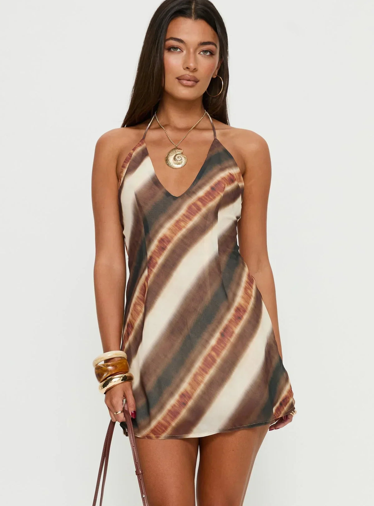 Esmira Halter Mini Dress Brown Stripe