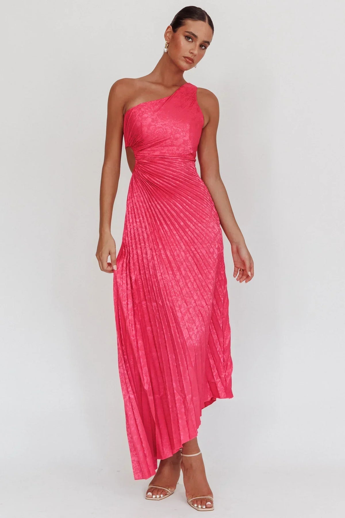 Amelie One-Shoulder Accordion Pleat Maxi Dress Floral Fuchsia