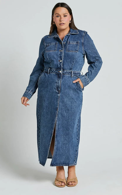 Alison Midi Dress - Long Sleeve Front Split Denim Dress in Mid Blue Wash