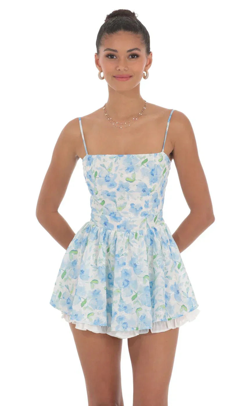 Blue Floral Ruffle Romper in White
