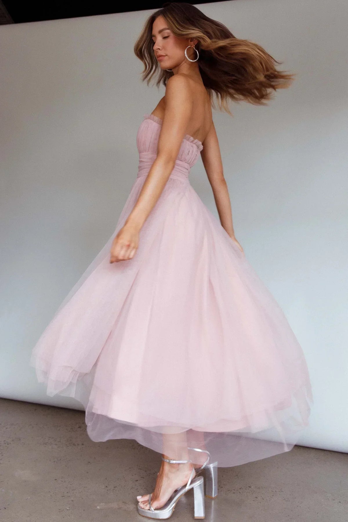 Fayette Strapless Mesh Midi Dress Blush