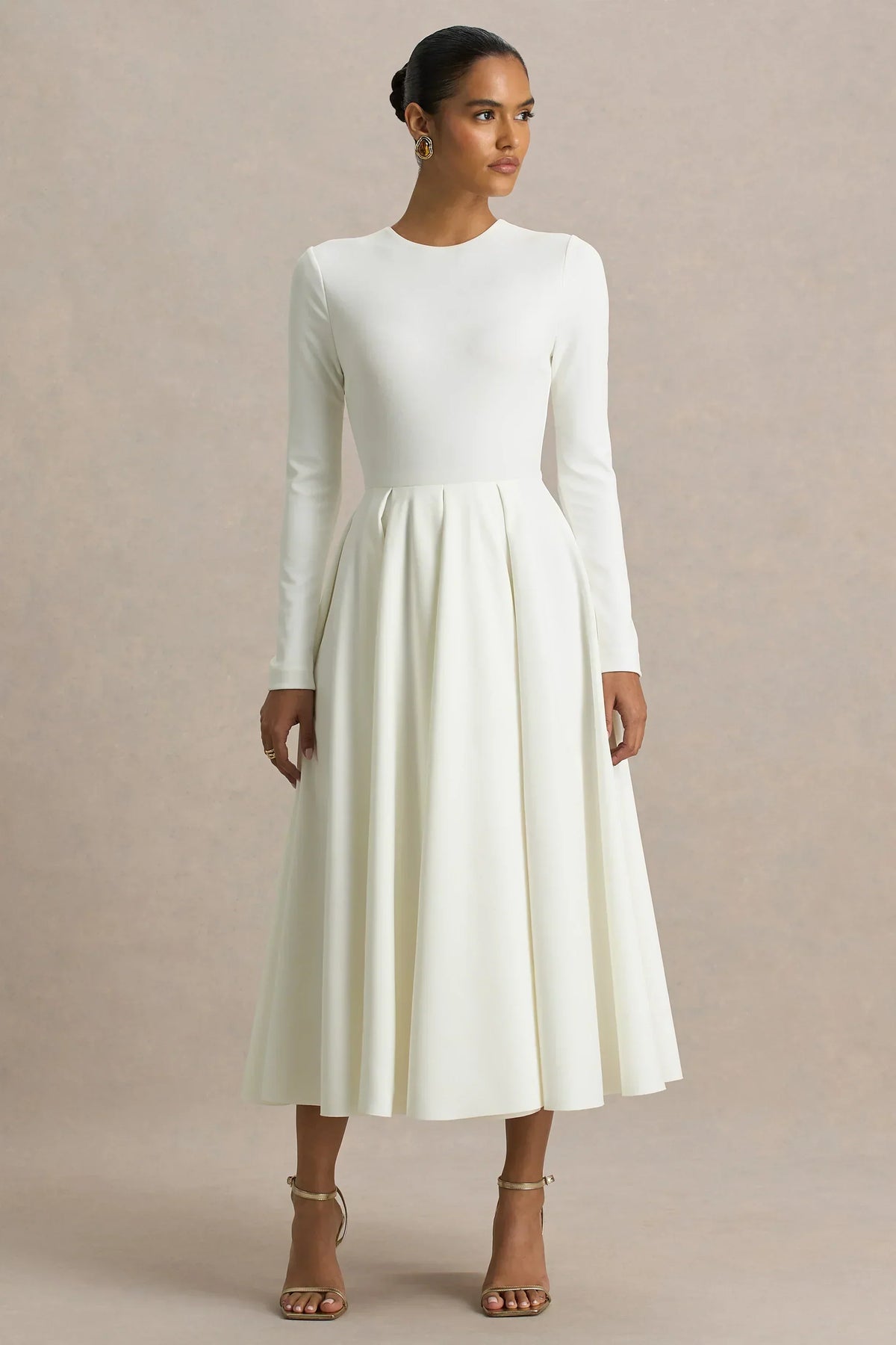 Bellamy | Cream Crew-Neck Long Sleeve Midi Dress