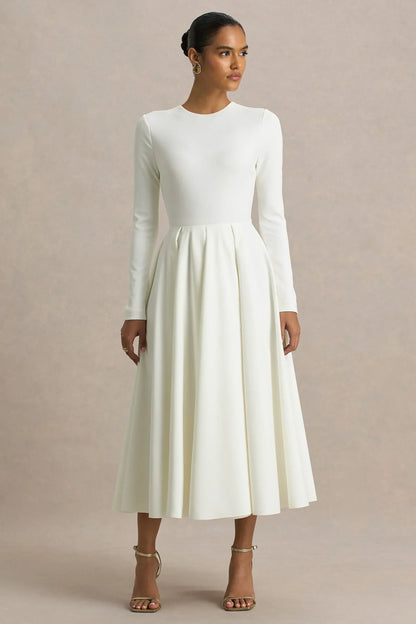 Bellamy | Cream Crew-Neck Long Sleeve Midi Dress