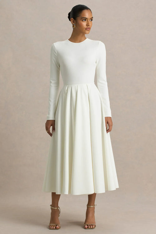 Bellamy | Cream Crew-Neck Long Sleeve Midi Dress