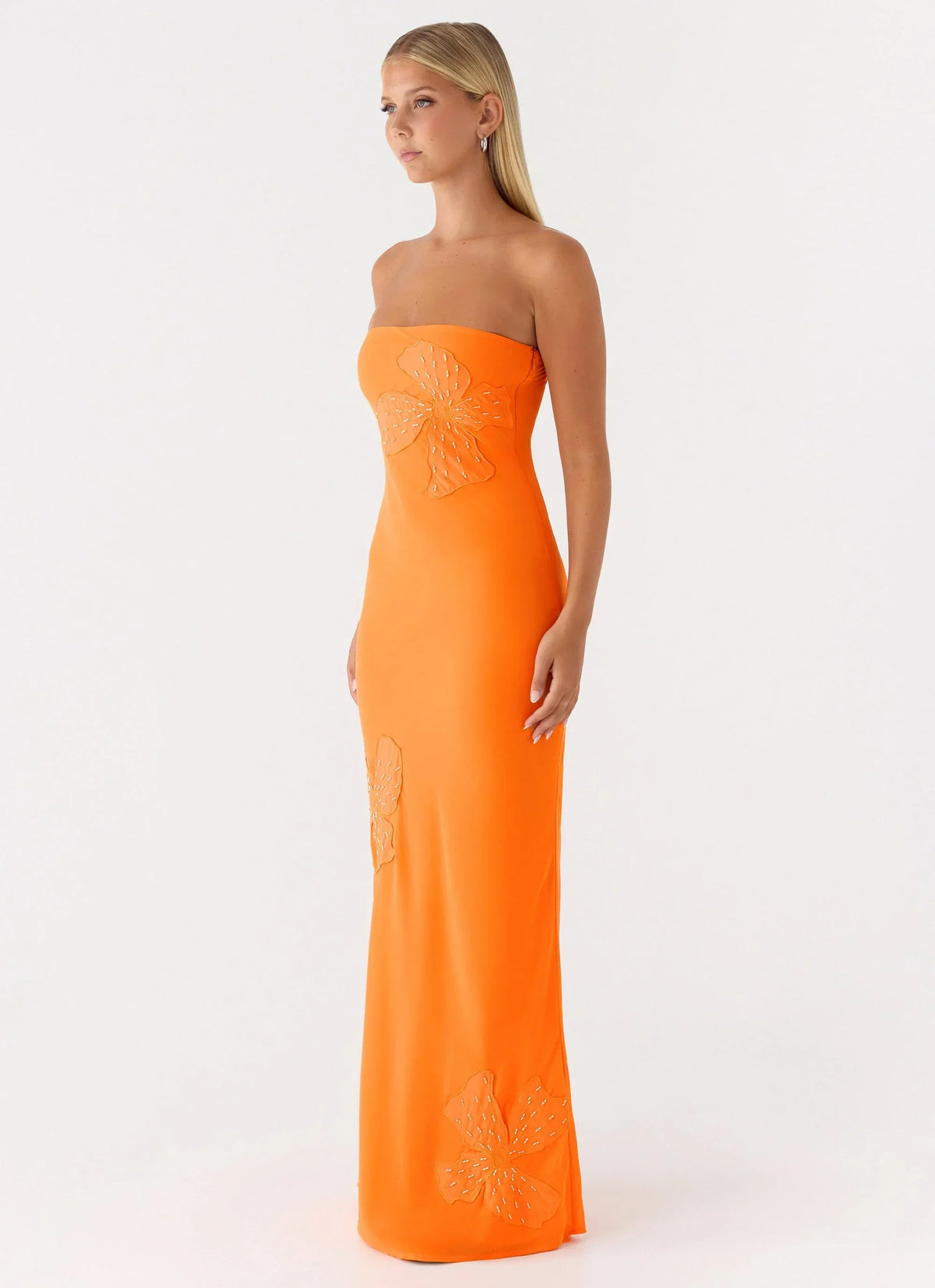 Sassafras Beaded Flower Strapless Maxi Dress - Orange