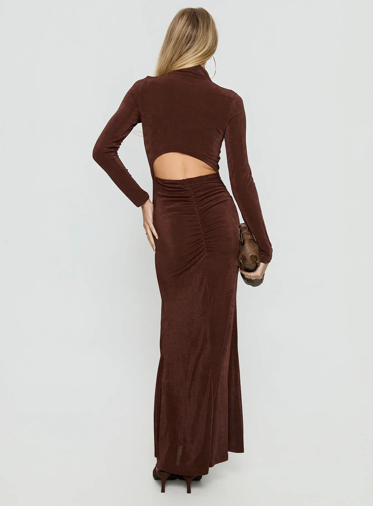 Yaqueline Long Sleeve Ruched Maxi Dress Chocolate