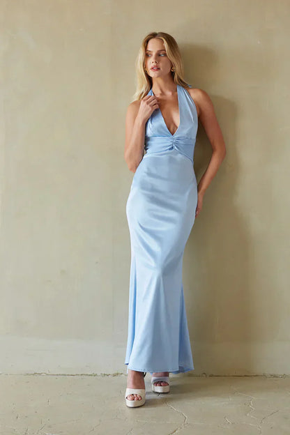 Sage Satin Halter Maxi Dress
