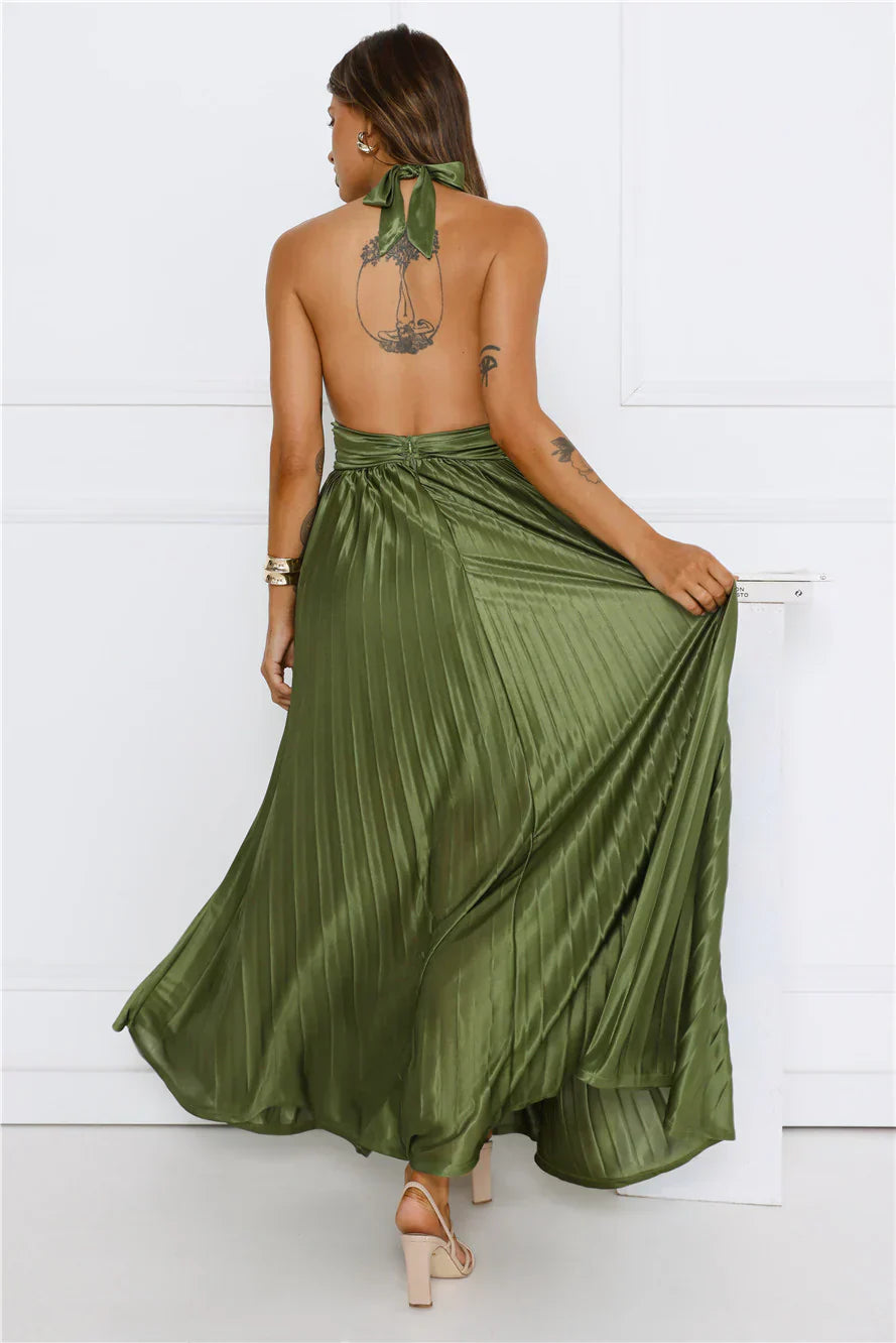 Shimmering Sea Pleated Halter Maxi Dress