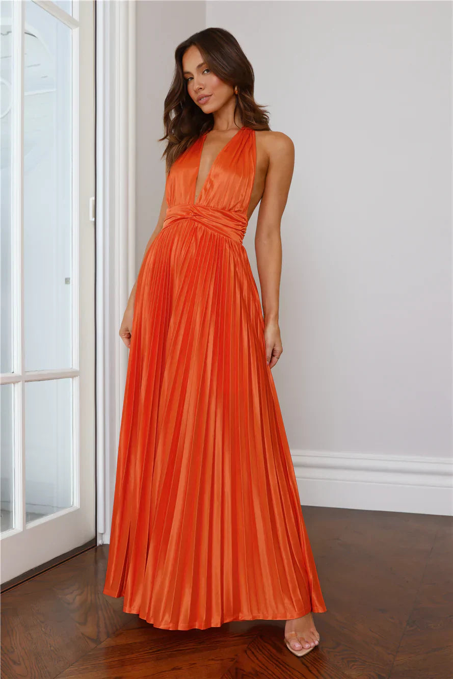 Shimmering Sea Pleated Halter Maxi Dress
