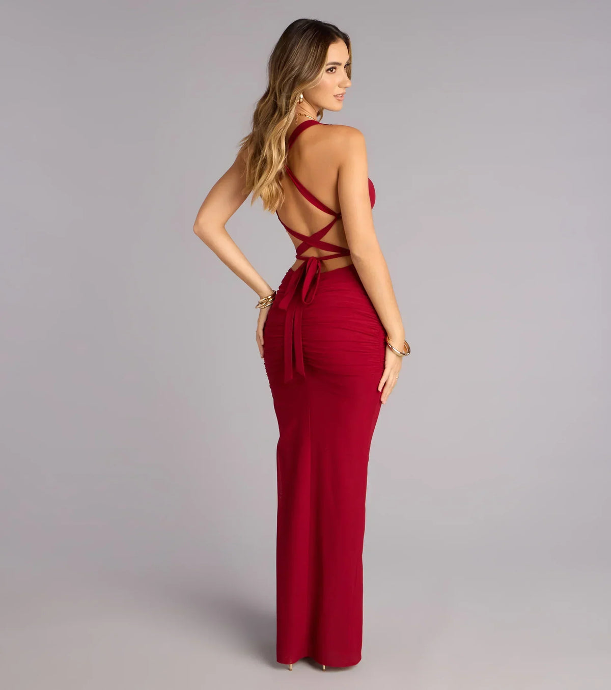 Kristy Mesh Corset Lace-Up Slit Formal Dress