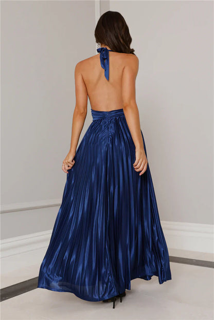 Shimmering Sea Pleated Halter Maxi Dress
