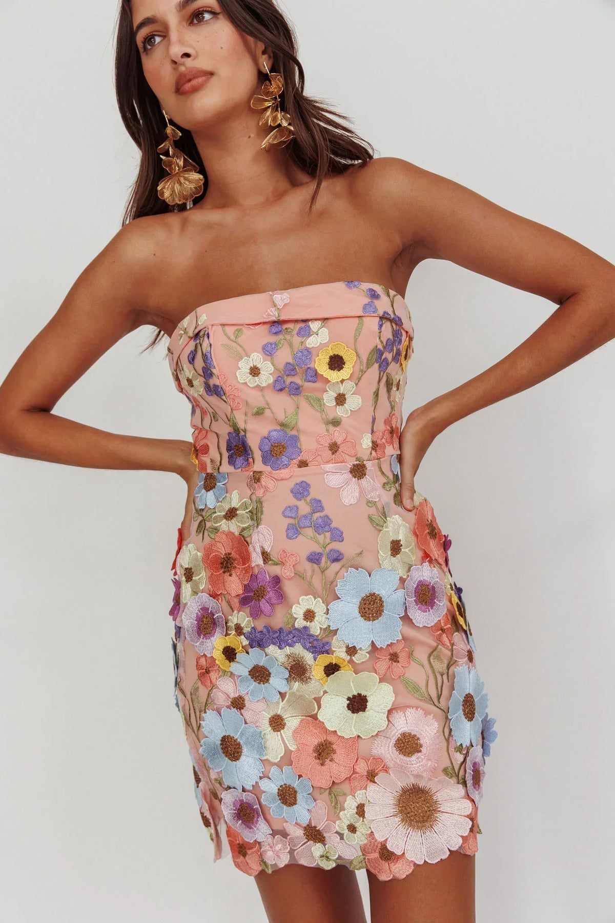Flora Day Strapless Floral Embellished Mini Dress Pale Pink