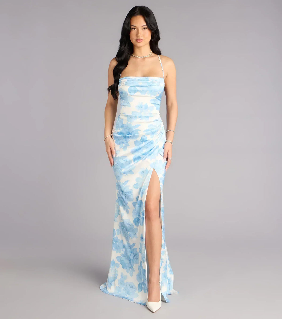 Helen Floral Satin Lace-Up Formal Dress