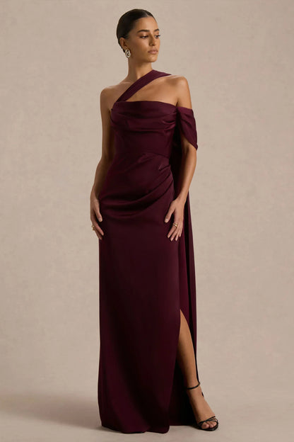 Yazmin | Burgundy Satin Asymmetric Maxi Dress With One-Sleeve Cape