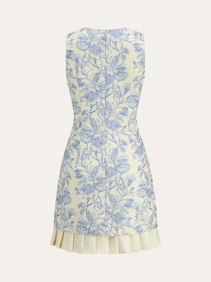 Floral Printed Sleeveless Dress with Pleated Hem