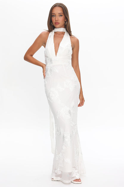 Cipriana Backless Halter Maxi Dress Embellished Floral White