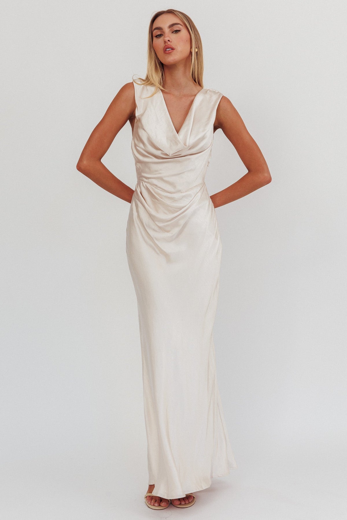 Chills Cowl Neck Satin Maxi Dress Champagne