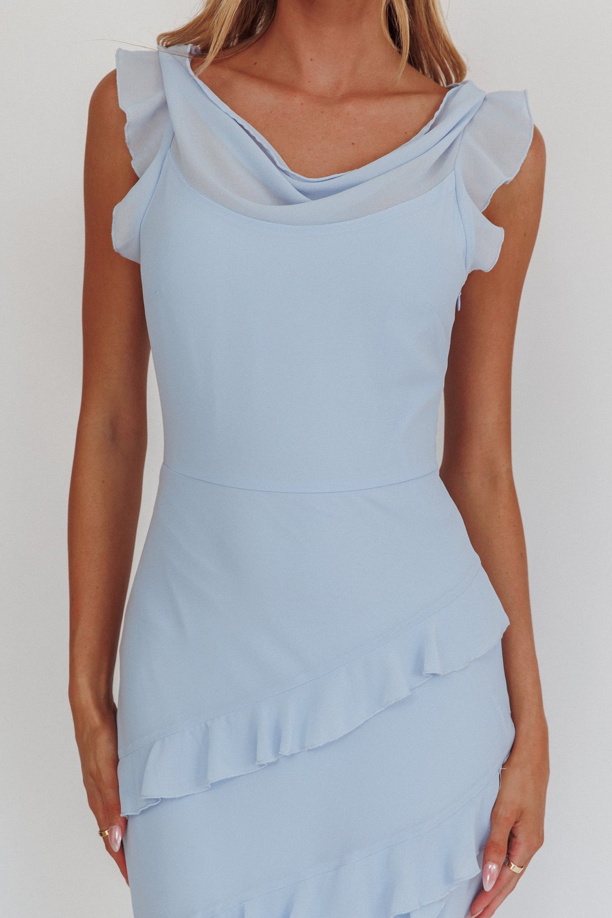 Sangria Cowl Neck Frill Maxi Dress Blue