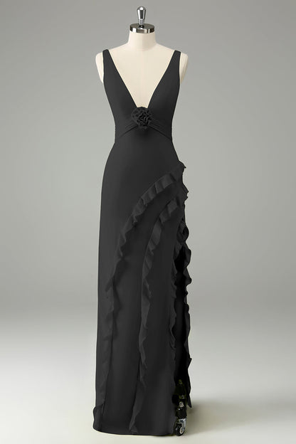 Lime Deep V Neck Ruffles Wedding Guest Dress with Slit