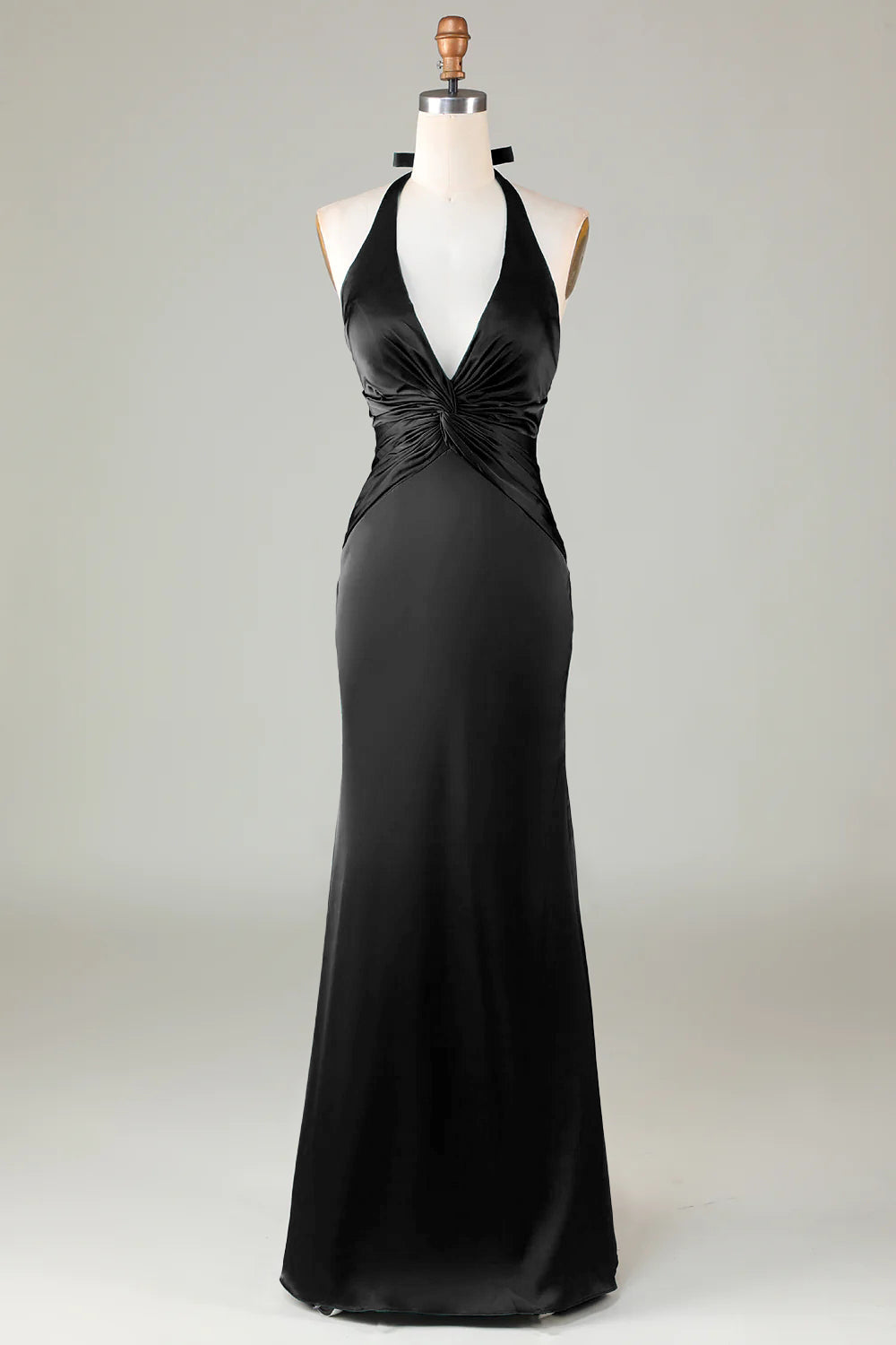 Dusty Sage Satin Sheath Halter Long Bridesmaid Dress