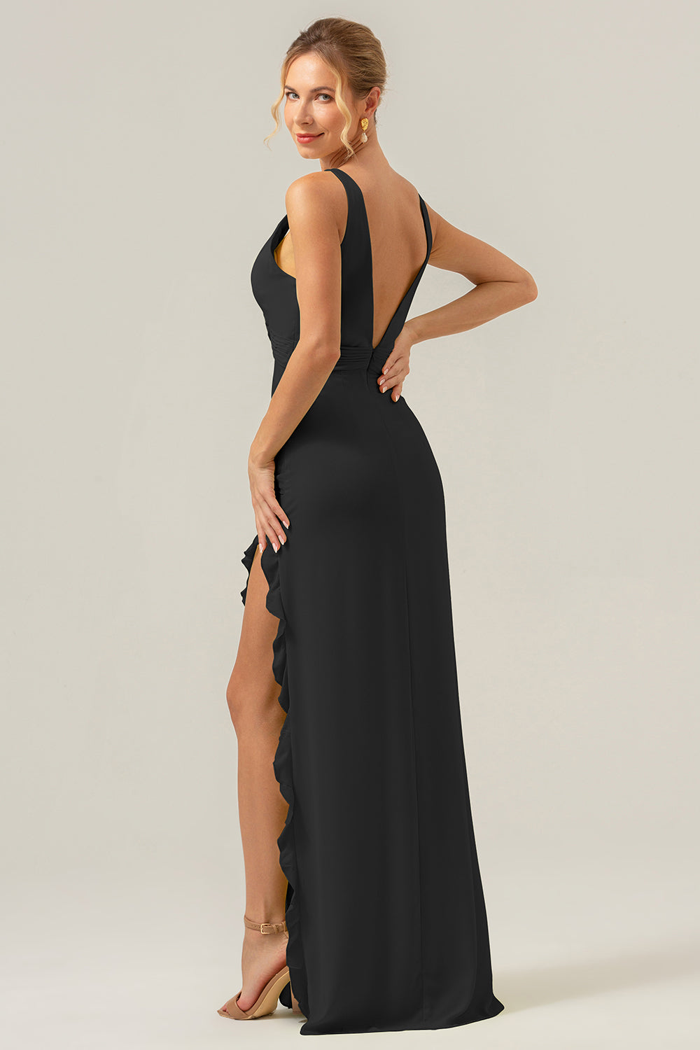 Lime Deep V Neck Ruffles Long Bridesmaid Dress with Slit