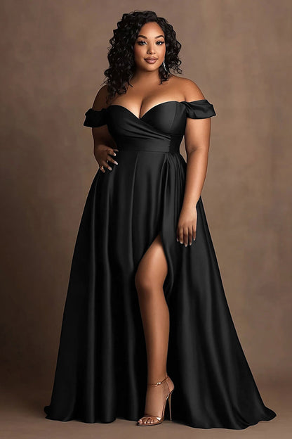 Off the Shoulder Navy Plus Size Long Satin Formal Dress with Slit